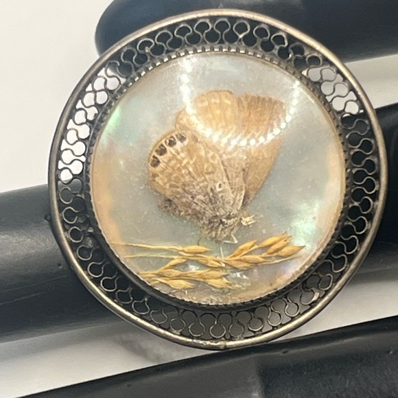 Victorian morpho butterfly wing silver tone filigree round brooch pin vintage - Picture 15 of 16